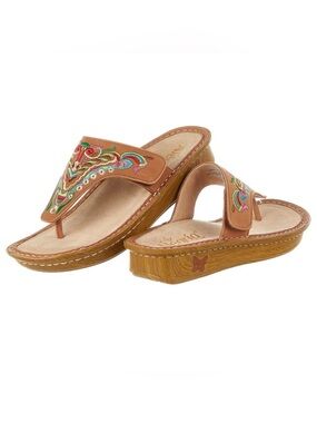 Alegria Tan Leather Embroidered Wedge Thong Sandals